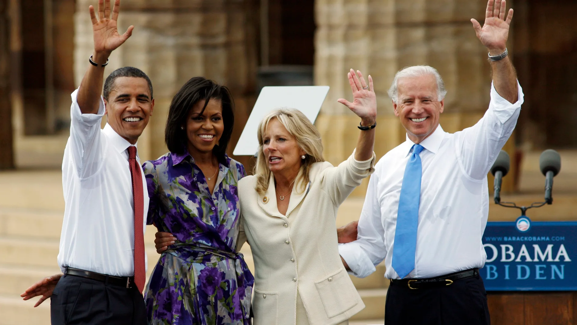 Barack Obama and vice presidential running mate Senator Joe Biden appear together with their wives at campaign event in Springfield