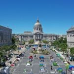 Tents are pitched using social distancing to help slow the spread of coronavirus disease (COVID-19) at a sanctioned homeless encampment christened Safe Sleeping Village in a square next to city hall in San Francisco, California, U.S. May 19, 2020. REUTERS/Drone Base