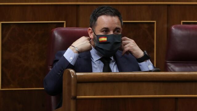 El líder de Vox, Santiago Abascal, durante la intervención del ministro de Cultura, José Manuel Rodríguez Uribes, en un debate en el pleno del Congreso este miércoles sobre un decreto ley de ayudas al sector de la cultura. EFE/Kiko Huesca POOL
