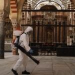Un operario desinfecta el interior de la Mezquita-Catedral de Córdoba