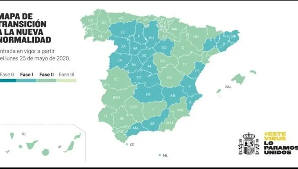 Mapa de provincias que cambian de Fase en la desescalada