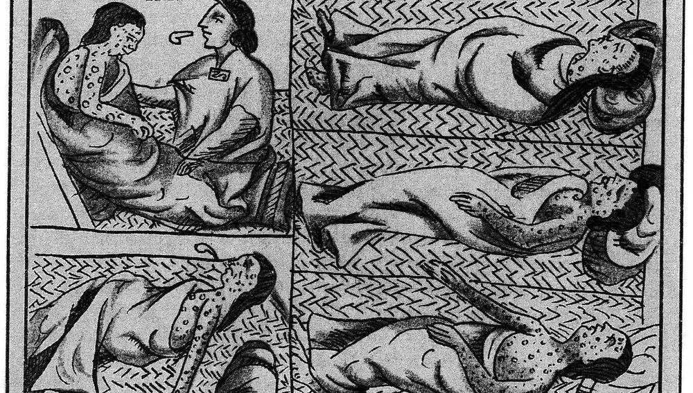 Este dibujo de la «Historia» de Bernardino de Sahagún muestra enfermos de viruela en el asedio de Tenochtitlán