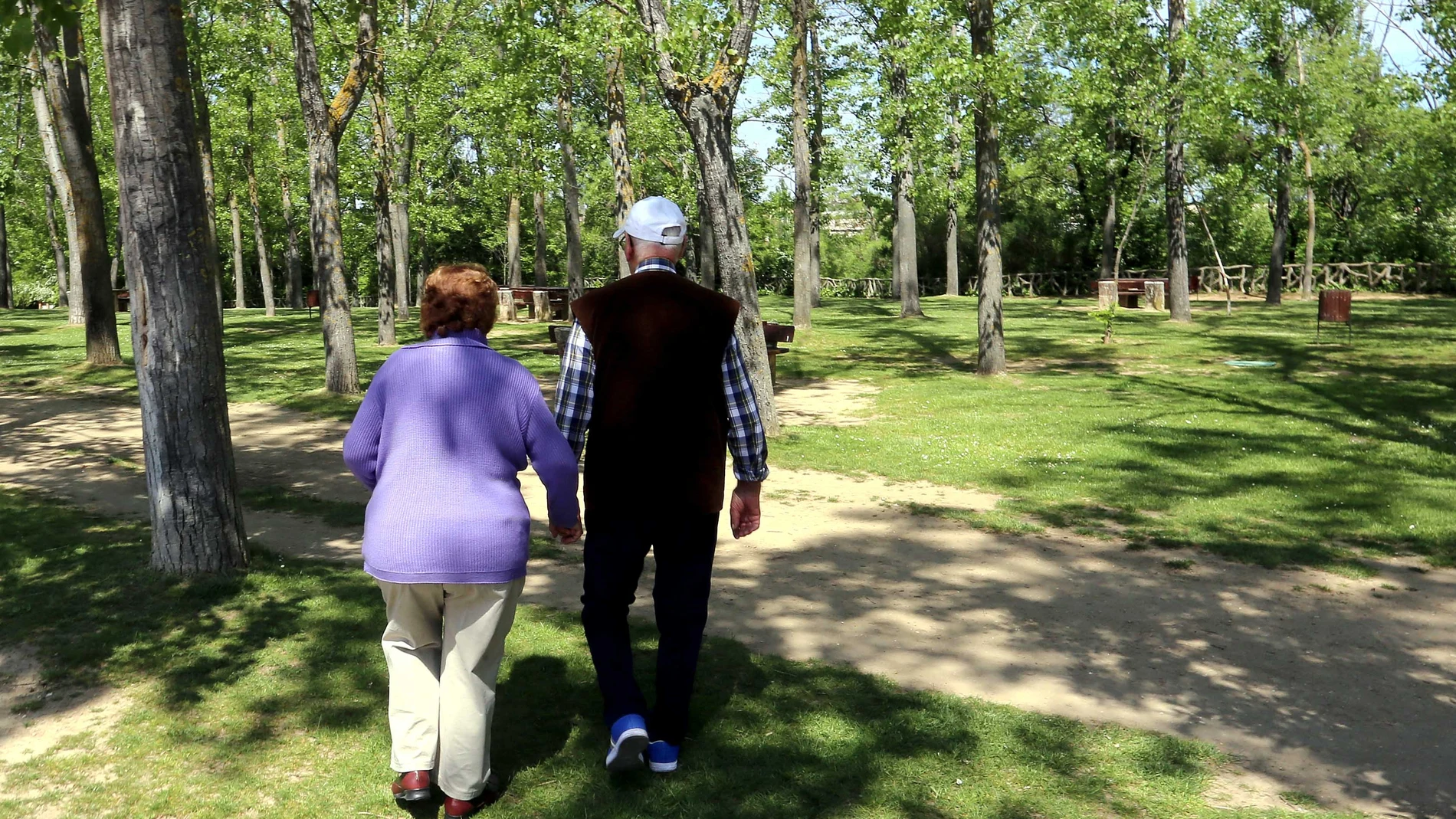 Una pareja de personas mayores pasea por el parque de la Ribera de Valladolid