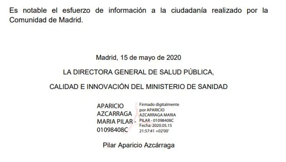Infome del 15 de mayo donde se aprecia la firma electrónica de Pilar Aparicio, directora general de Salud Pública del Ministerio de Sanidad