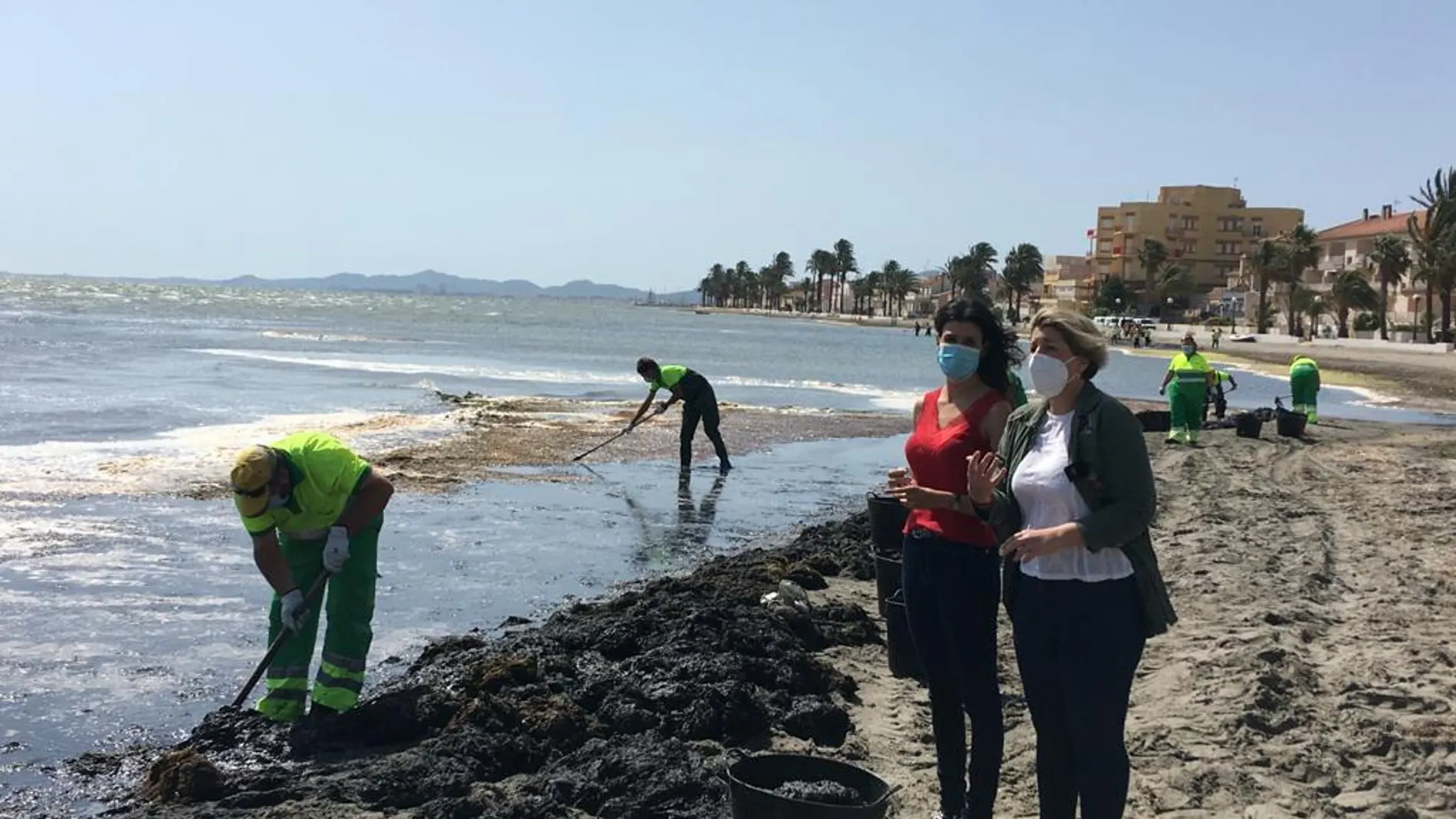 La directora del Mar Menor, Miriam Pérez (i) y la vicealcaldesa de Cartagena, Noelia Arroyo, durante la visita a las brigadas de limpieza que actúan en Los Urrutias.