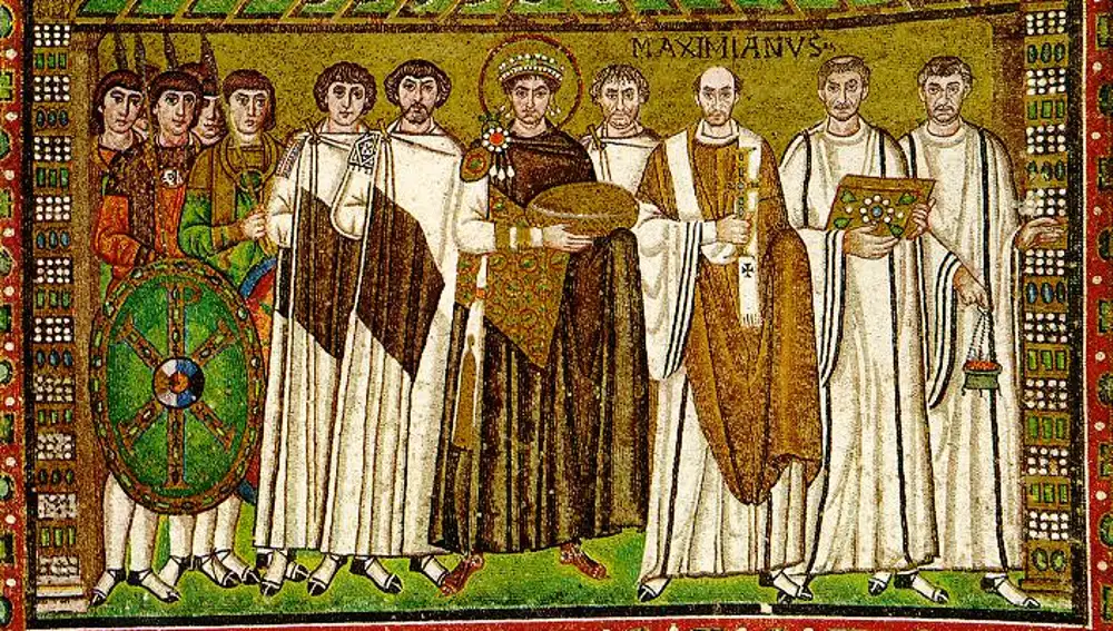 Este mosaico de arte bizantino representa a Justiniano I, el modelo de monarca que deseaba imitar Justiniano II