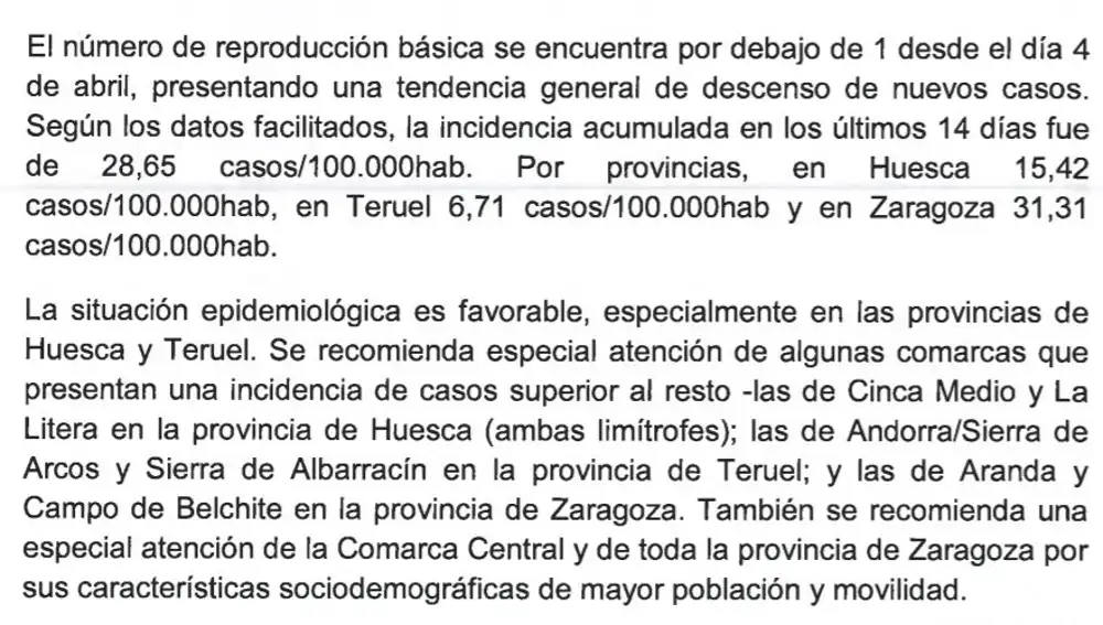 Con datos que fueron verdad días después Informe sobre Aragón. 8 de mayo: este documento incluye datos erróneos, como la incidencia acumulada de casos en los 14 días anteriores, ya que en realidad era mayor que la consignada, de 28,65 casos por cada 100.000 habitantes.