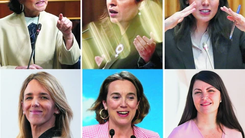 Arriba, de izquierda a derecha: Carmen Calvo, Adriana Lastra e Irene Montero. Abajo, de izquierda a derecha: Cayetana Álvarez de Toledo, Cuca Gamarra y Macarena Olona