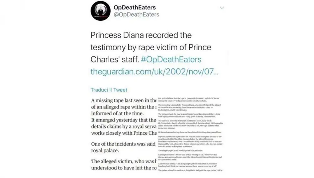 Según la cuenta OpDeathEaters, Diana habría sido asesinada por la realeza británica en agosto de 1997
