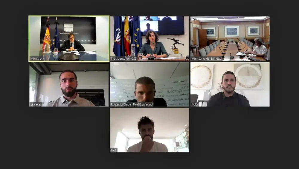La reunión del ministro Illa, la presidenta del CSD, Irene Lozano; Fernando Simón y los futbolistas Piqué, Carvajal, Koke e Illarramendi