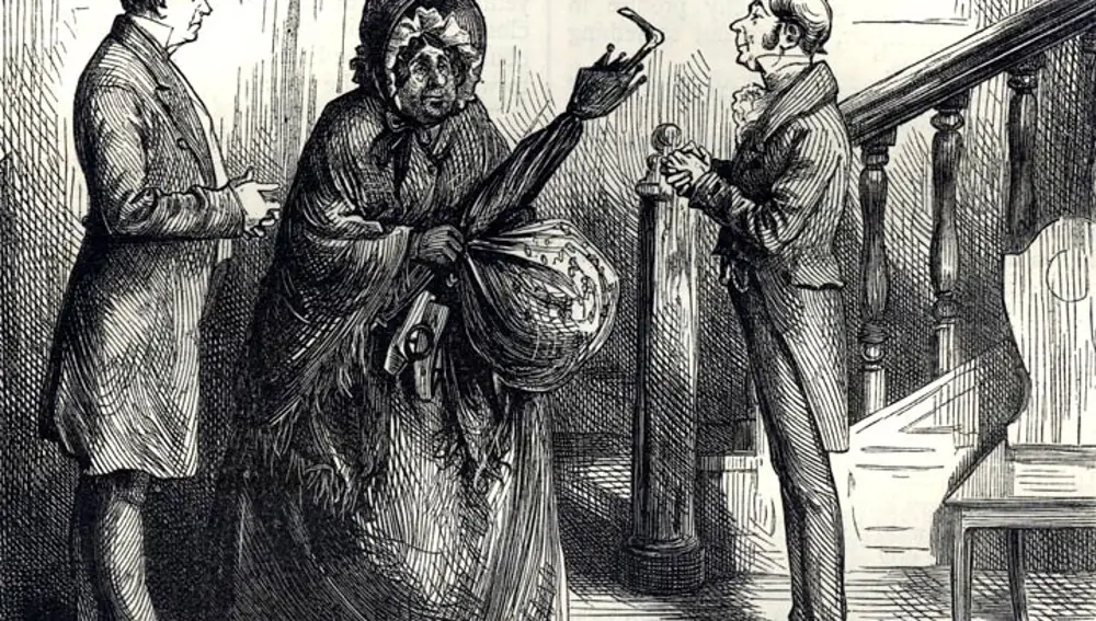 La primera aparición de Gamp en el dibujo que acompañaba a la primera edición de la novela de Dickens