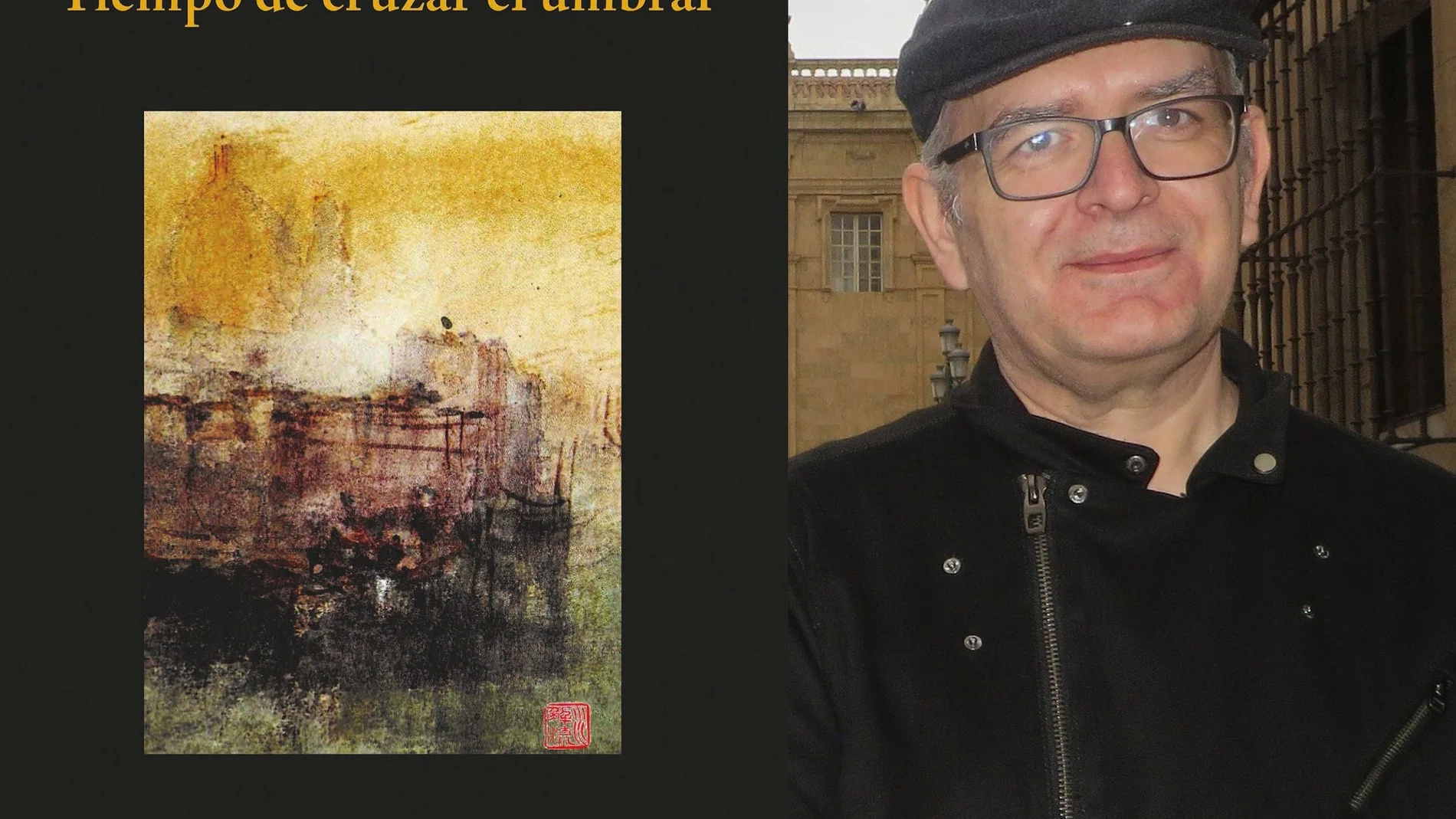 Martín Cobano posa junto a la portada de su nuevo poemario
