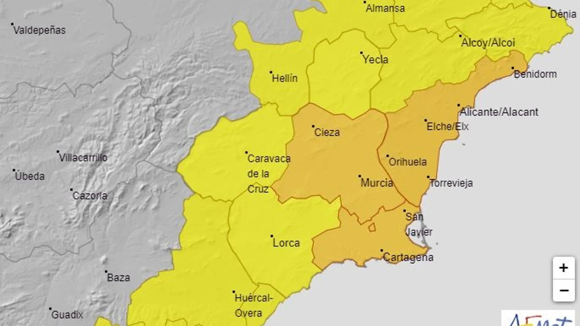 La Aemet mantiene la alerta naranja por tormentas este lunes en la Vega del Segura, Campo de Cartagena y Mazarrón