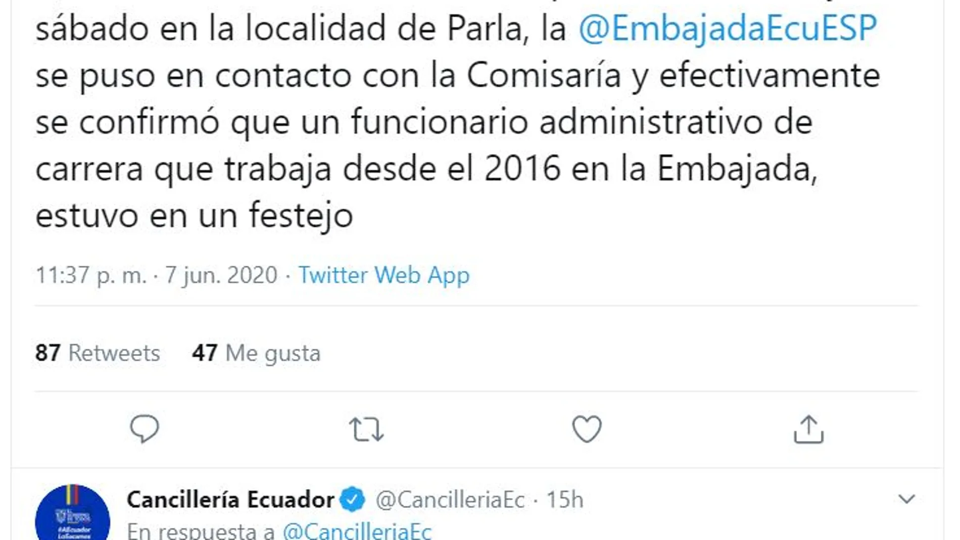 Sancionado un diplomático de la Embajada de Ecuador por hacer una parrillada de 36 personas en fase 1