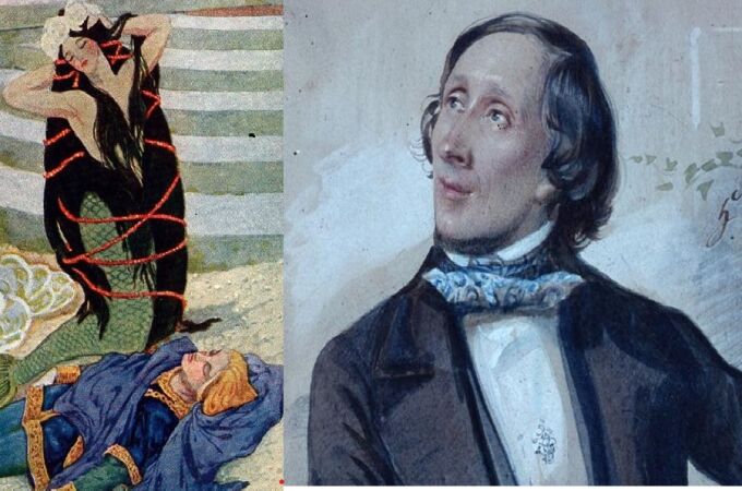 Ilustración de la sirenita junto a su creador, Hans Christian Andersen