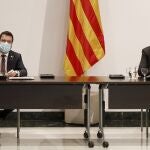 El presidente de la Generalitat, Quim Torra, y su vicepresidente, Pere Aragonés, durante la reunión del Govern de esta mañana.