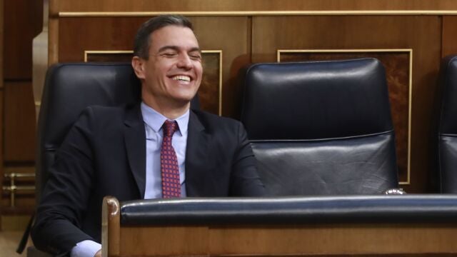 El presidente del Gobierno, Pedro Sánchez, sonríe desde el hemiciclo en el Pleno del Congreso de los Diputados