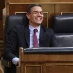 El presidente del Gobierno, Pedro Sánchez, sonríe desde el hemiciclo en el Pleno del Congreso de los Diputados