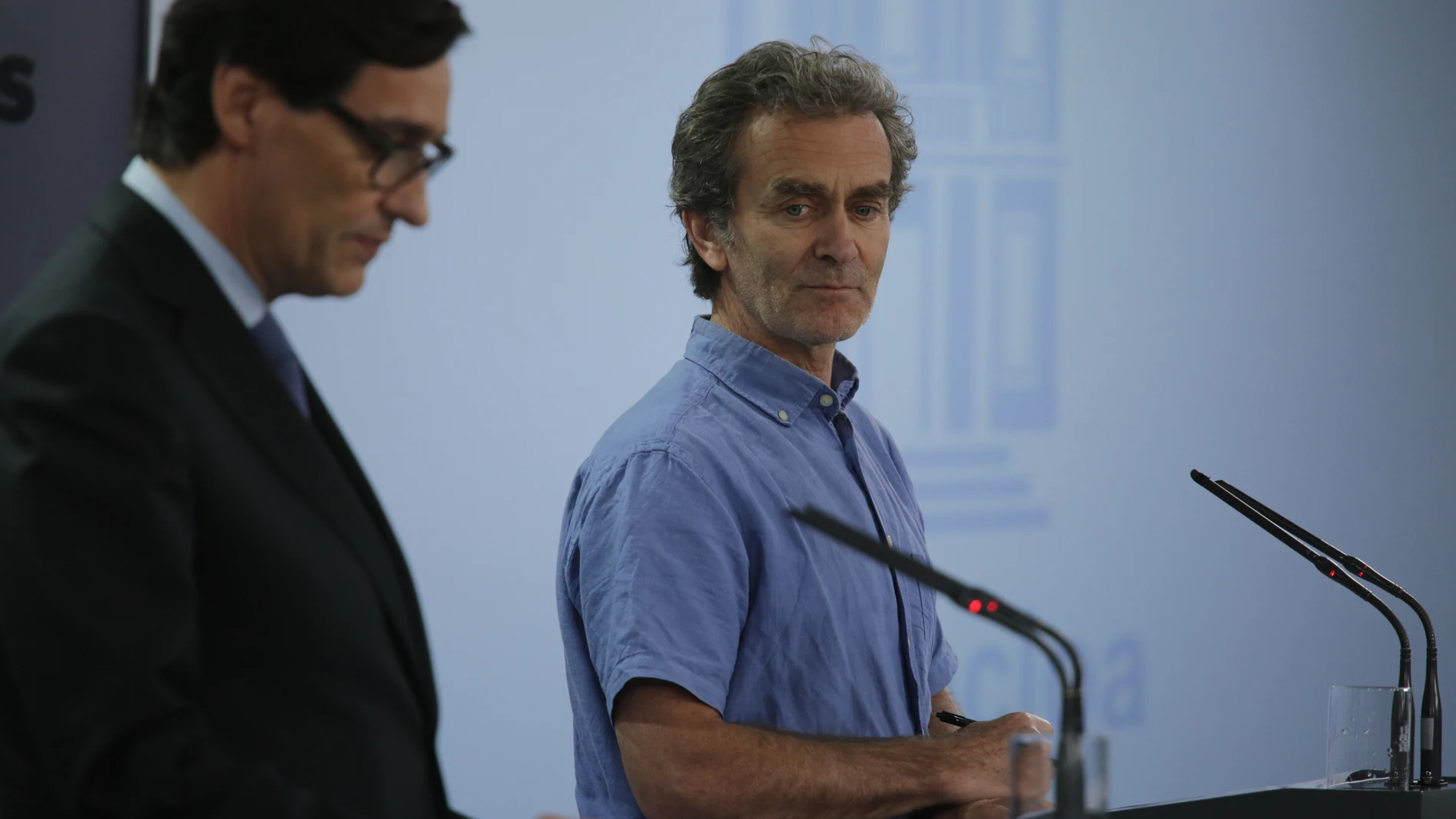12/06/20. Madrid. Palacio de la Moncloa.Comparecencia y rueda de prensa del Salvador Illa, ministro de Sanidad junto al doctor Fernando Simón, en sala de prensa del Palacio de la Moncloa.@ Cipriano Pastrano