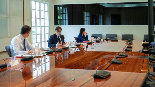 El presidente del Gobierno, Pedro Sánchez, se reúne con los presidentes autonómicos por videoconferencia, en Madrid (España) a 14 de junio de 2020. Le acompañan el ministro de Sanidad, Salvador Illa (d2) y la ministra de Política Territorial y Función Pública, Carolina Darias (d1).14 JUNIO 2020;MADRID;MONCLOA;GOBIERNO;CORONAVIRUS;COVID-19;PANDEMIA;EPIDEMIAMoncloa14/06/2020