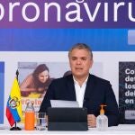 Colombia's President Ivan Duque speaks during a televised address, amidst the outbreak of COVID-19 in Bogota, Colombia June 13, 2020. Picture taken June 13, 2020. Courtesy of Colombian Presidency/Handout via REUTERS ATTENTION EDITORS - THIS IMAGE WAS PROVIDED BY A THIRD PARTY