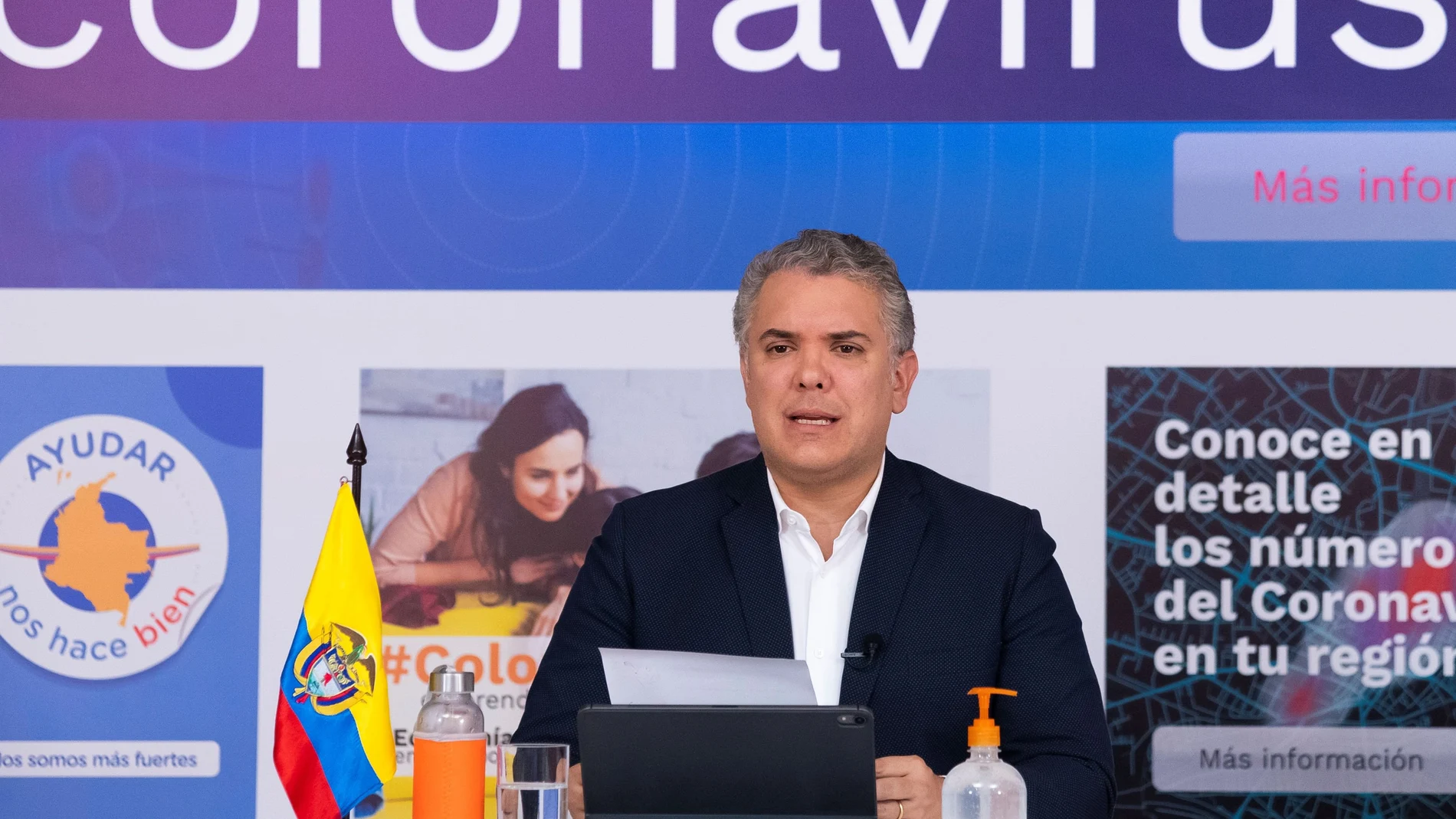 Colombia's President Ivan Duque speaks during a televised address, amidst the outbreak of COVID-19 in Bogota