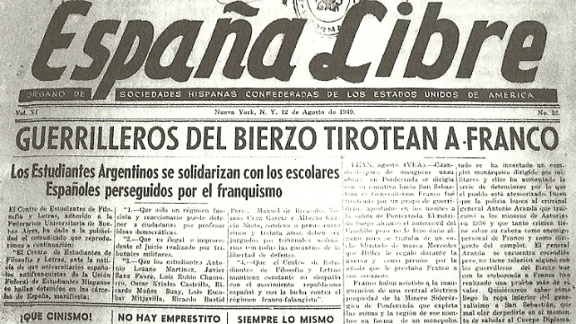 Portada del diario norteamericano "España Libre" en la que se hace alusión al atentado a Franco del 28 de julio del 49