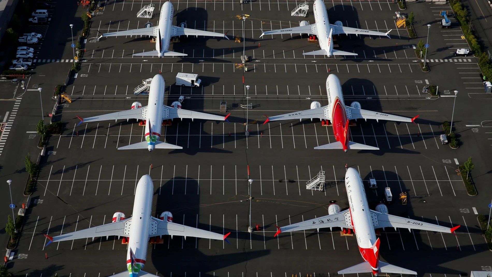 FILE PHOTO: Boeing 737 Max aircraft are parked in a parking lot at Boeing Field in this aerial photo taken over Seattle