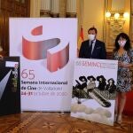El alcalde de Valladolid, Óscar Puente, la concejala de Cultura, Ana Redondo, y el director de la Seminci, Javier Angulo,presentan los carteles y avanzan los contenidos de la 65 edición de la Semana de Cine