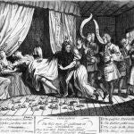 Un grabado de la época ilustrando el extraño parto de Mary Toft