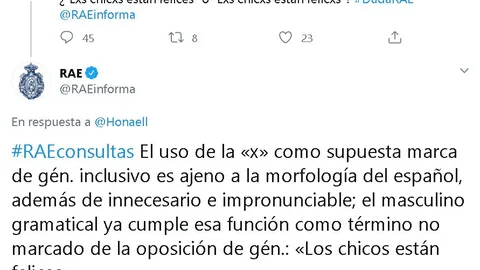 El tuit enviado el miércoles sobre lenguaje inclusivo al que la RAE contestó