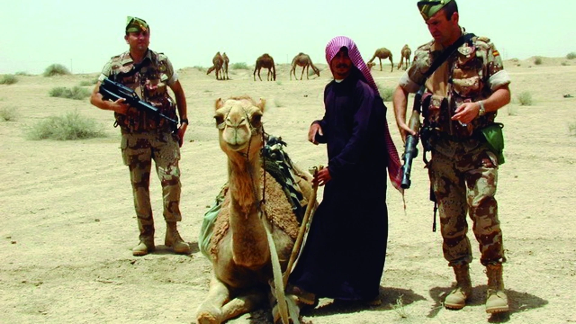 Mandos legionarios inspeccionan el camello de un beduino iraquí que llevaba un lanzagranadas RPG-7.