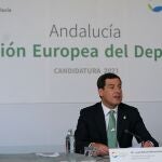 El presidente de la Junta de Andalucía, Juanma Moreno, presenta la candidatura de Andalucía a Región Europea del Deporte en 2021