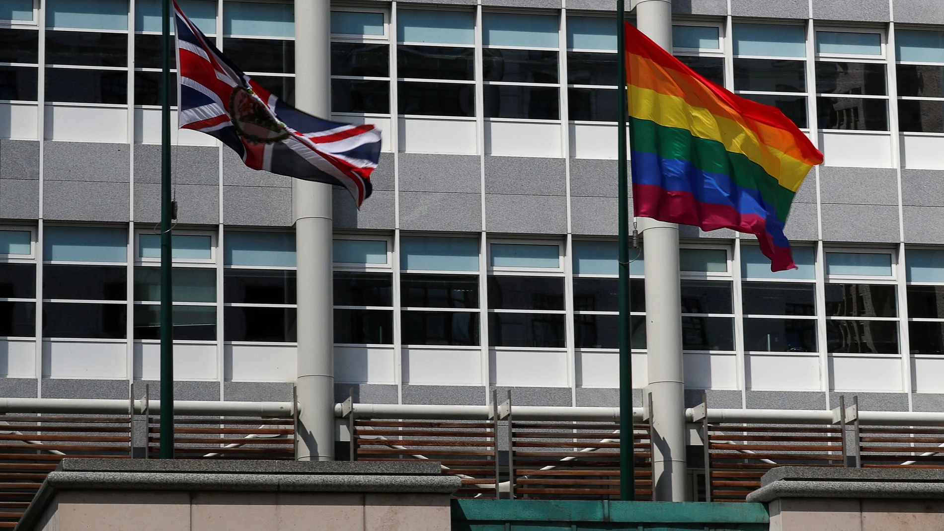 A rainbow flag flies in support of the LGBT community at the British Embassy in Moscow