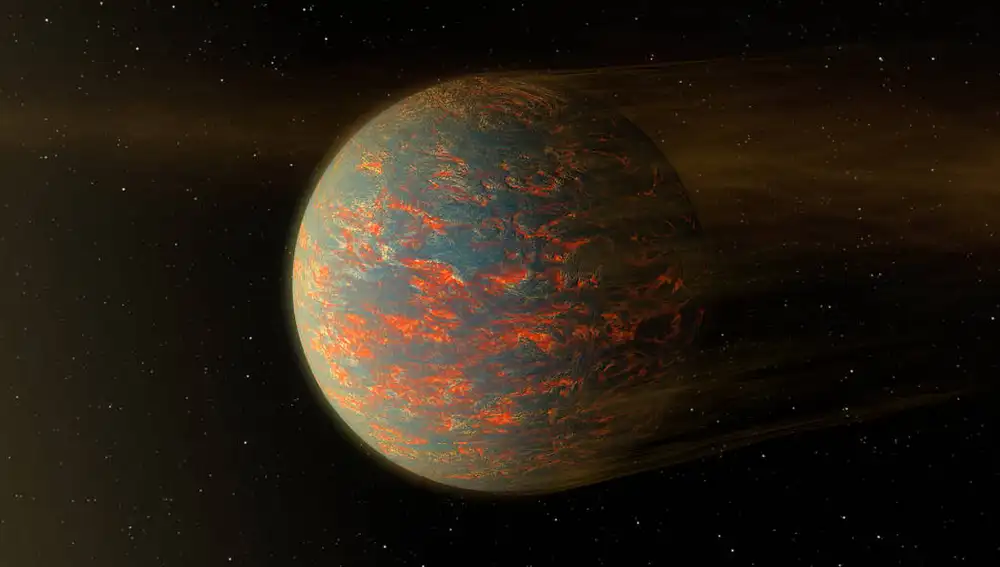 Ilustración de 55 Cancri e, un exoplaneta en la que la superficie podría estar cubierta de lagos de lava.