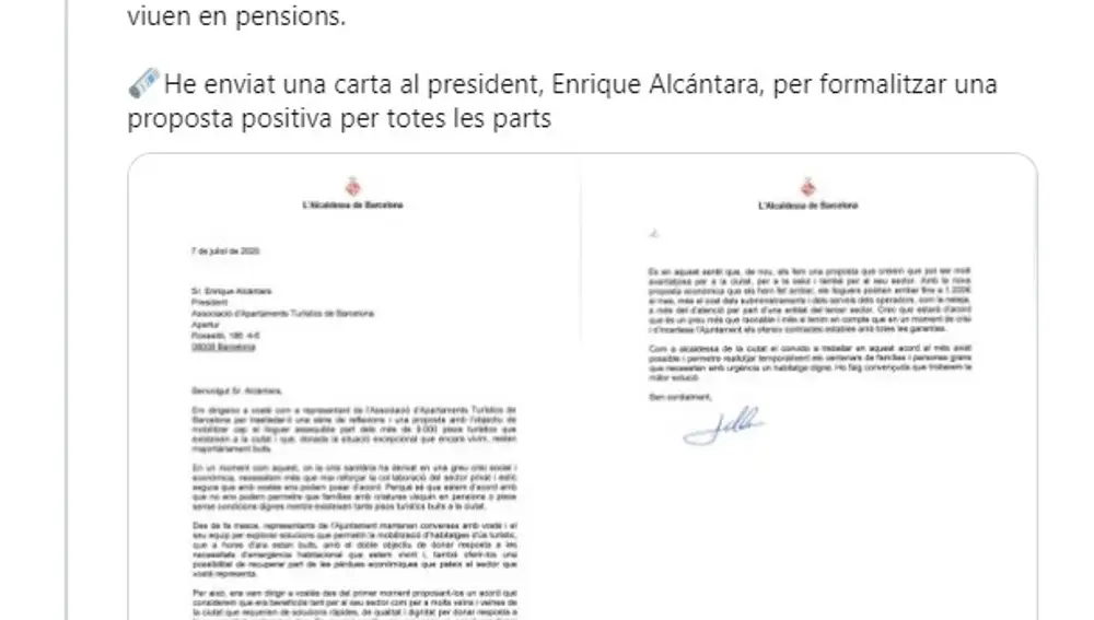 La alcaldesa de Barcelona, Ada Colau, ha enviado este martes una carta al presidente de Apartur, Enrique Alcántara, en la que ofrece pagar hasta 1.200 euros por pisos turísticos que pasen a alquiler social.ADA COLAU07/07/2020