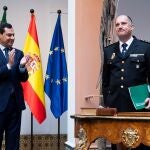 El presidente de la Junta de Andalucía, Juanma Moreno, aplaude al nuevo comisario de la Unidad de Policía Adscrita, Antonio Manuel Burgos Bermúdez, tras tomar posesión de su cargo hoy en el Palacio de San Telmo de Sevilla