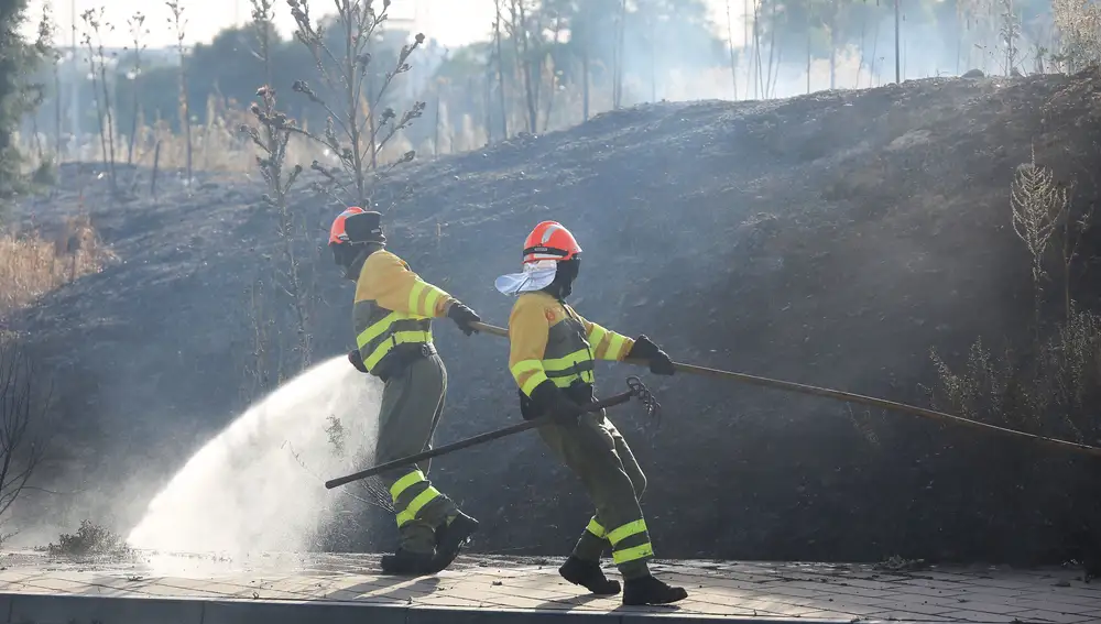 Bomberos trabajan para sofocar las llamas de un incendio junto a Desguaces Cano y la factoría de Renault en Valladolid