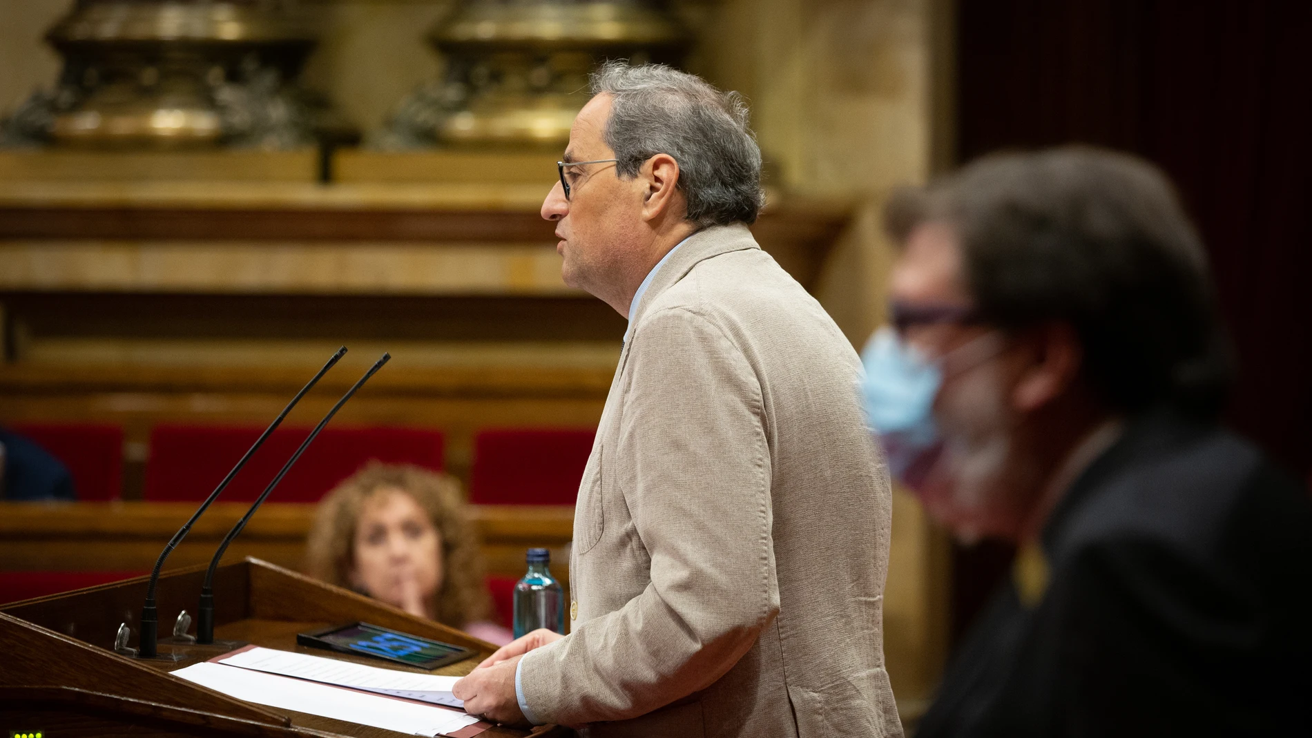 El president de la Generalitat, Quim Torra, durante su intervención en una sesión plenaria en la que se debatirá la gestión de las residencias para personas mayores y para personas con discapacidad durante la pandemia del COVID-19, en Barcelona, Catalunya (España), a 7 de julio de 2020.07 JULIO 2020David Zorrakino / Europa Press07/07/2020