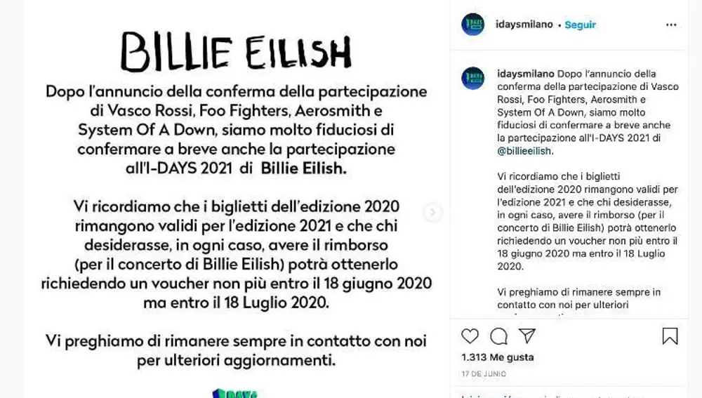 Tuit de festival italiano I-Days, que ha filtrado la presencia de Billie Eilish antes de que se conozca su gira internacional
