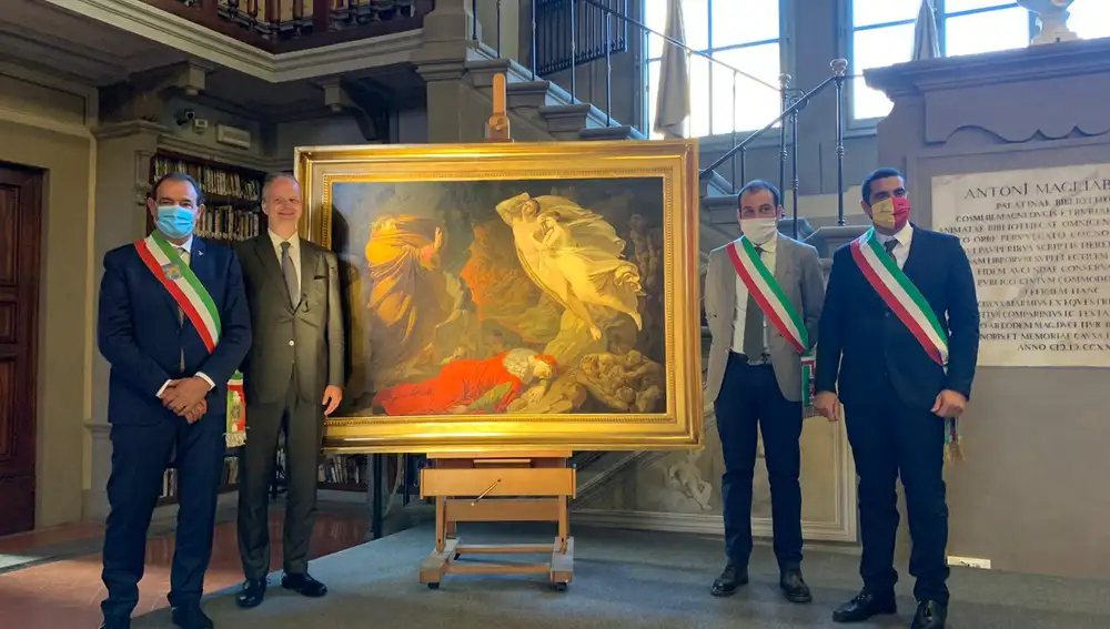 Los alcaldes y el director de las Galerias degli Uffizi durante la presentación de la muestra