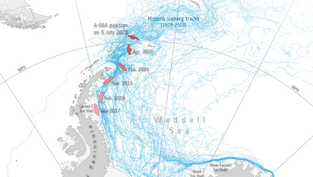 El mapa muestra las diferentes posiciones de A-68A durante su viaje de tres años