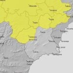 Mapa que muestra las comarcas con aviso de nivel amarilloAEMET13/07/2020
