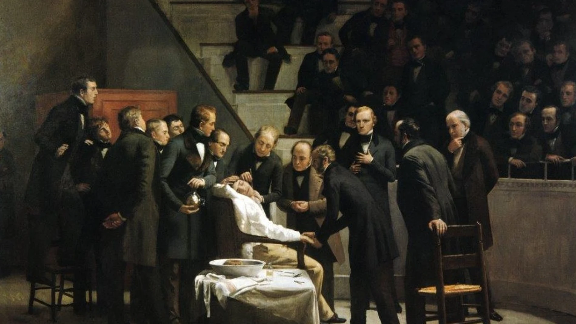 Cuadro de Robert C. Hinckley, llamado Recreación de la primera operación bajo éter. En ella, se ve a James Morton realizando la demostración de la anestesia.