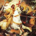 Santiago montando su caballo, en la batalla de Clavijo.