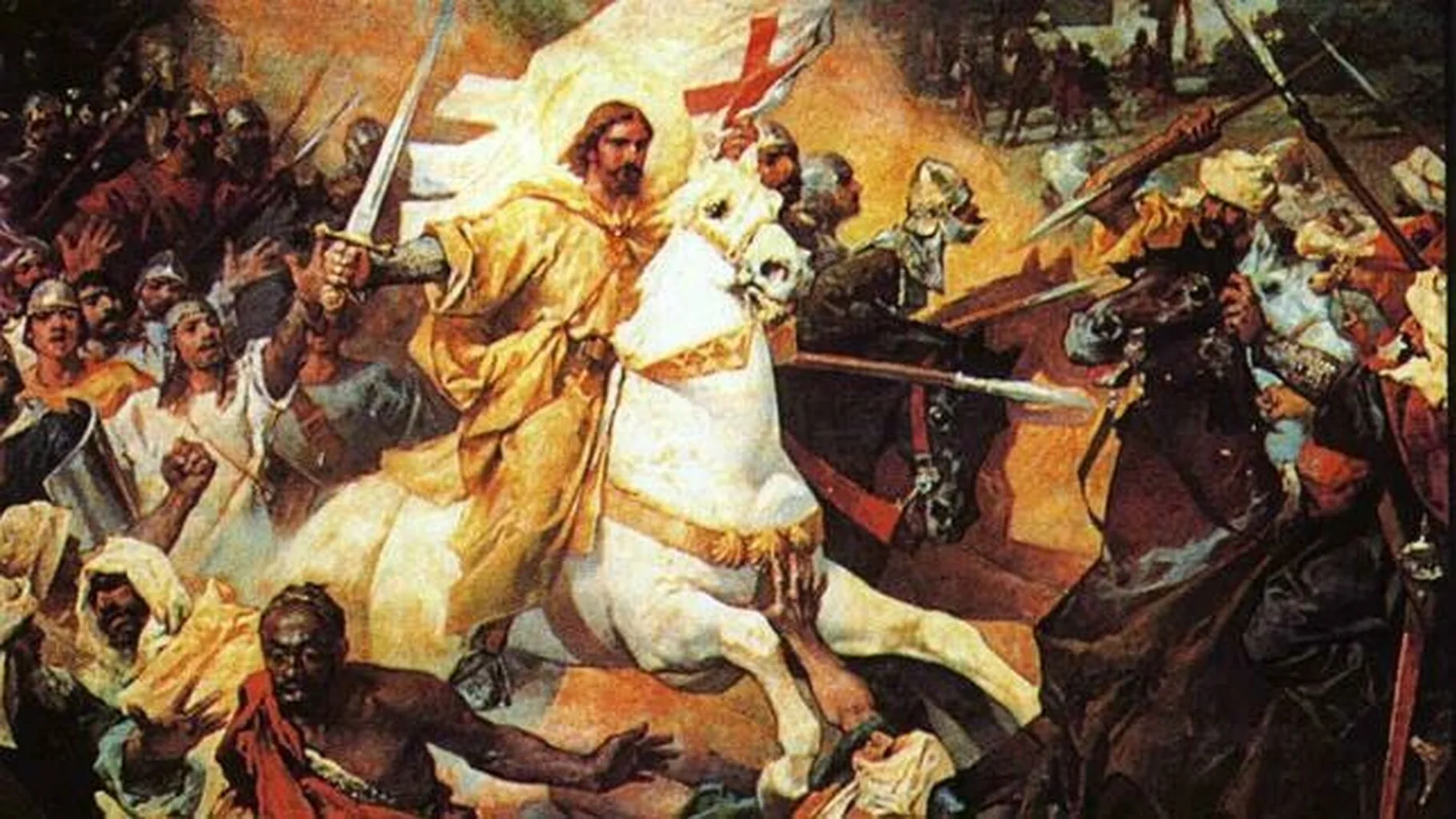 Santiago montando su caballo, en la batalla de Clavijo.