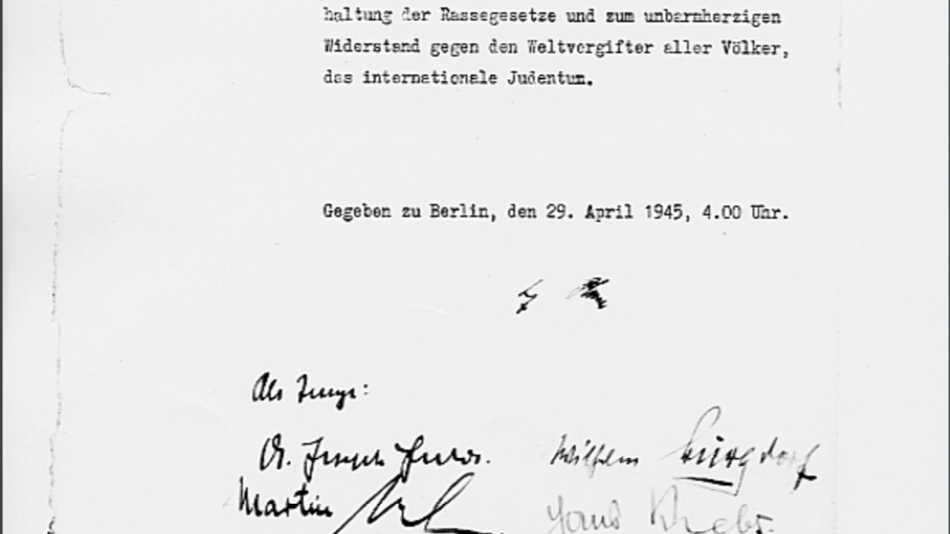 Última página del testamento de Hitler, con la firma del dictador y de los testigos de sus últimas voluntades