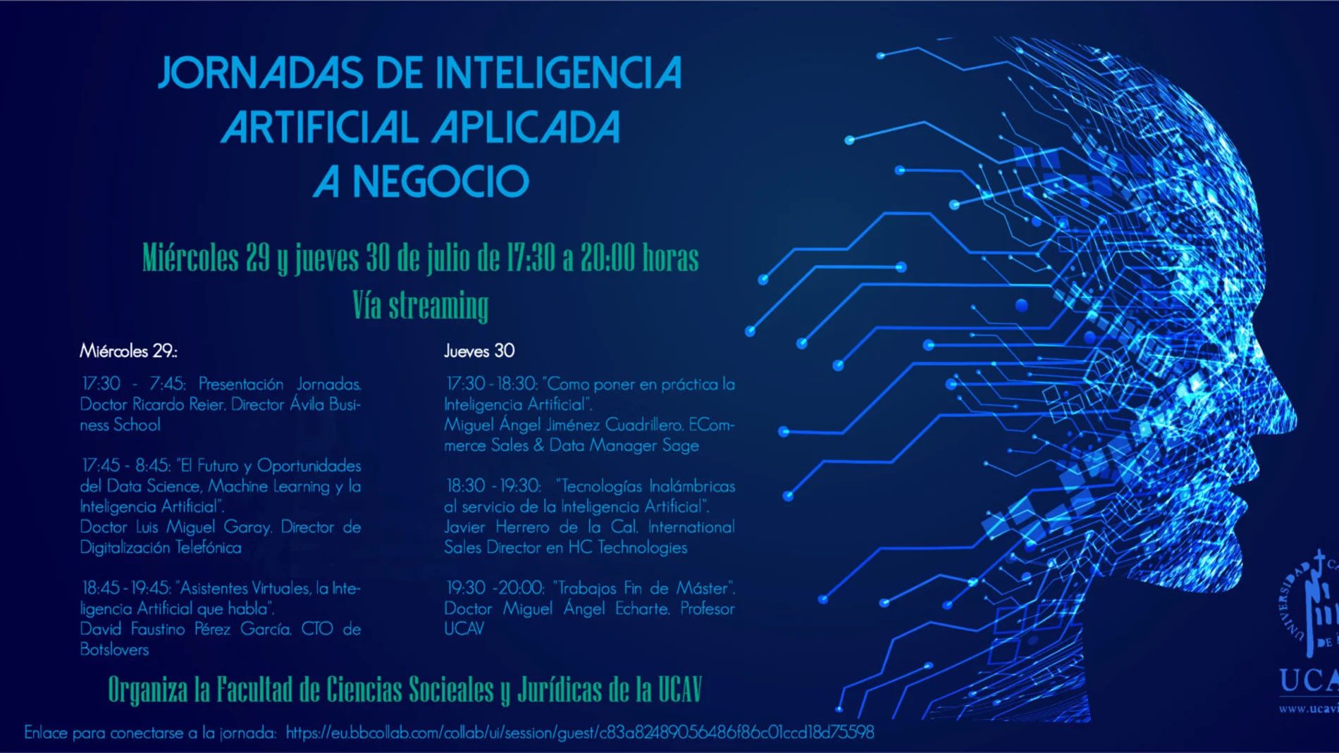 Cartel de las jornadas de la UCAV dedicada a la inteligencia artificial aplicada a negocios