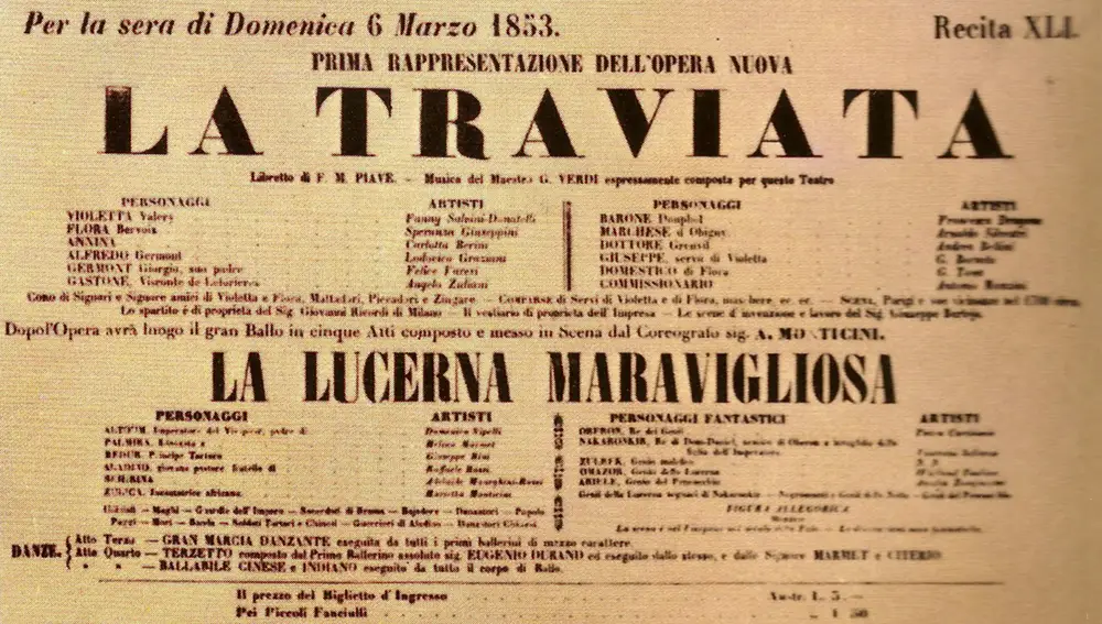 Programa del estreno absoluto de &quot;La traviata&quot; el 6 de marzo de 1953