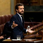 El presidente del PP, Pablo Casado durante su intervención en el pleno del Congreso